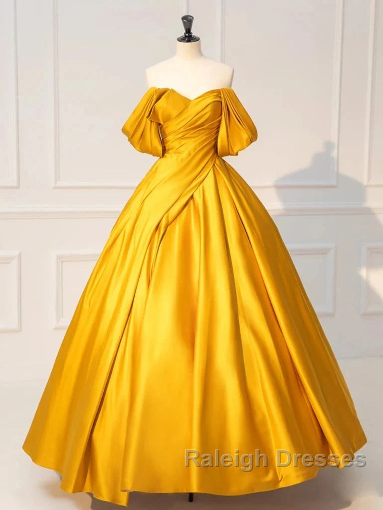 Yellow Off Shoulder Satin Long Prom Dress Quinceanera Dress