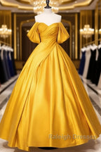 Yellow Off Shoulder Satin Long Prom Dress Quinceanera Dress