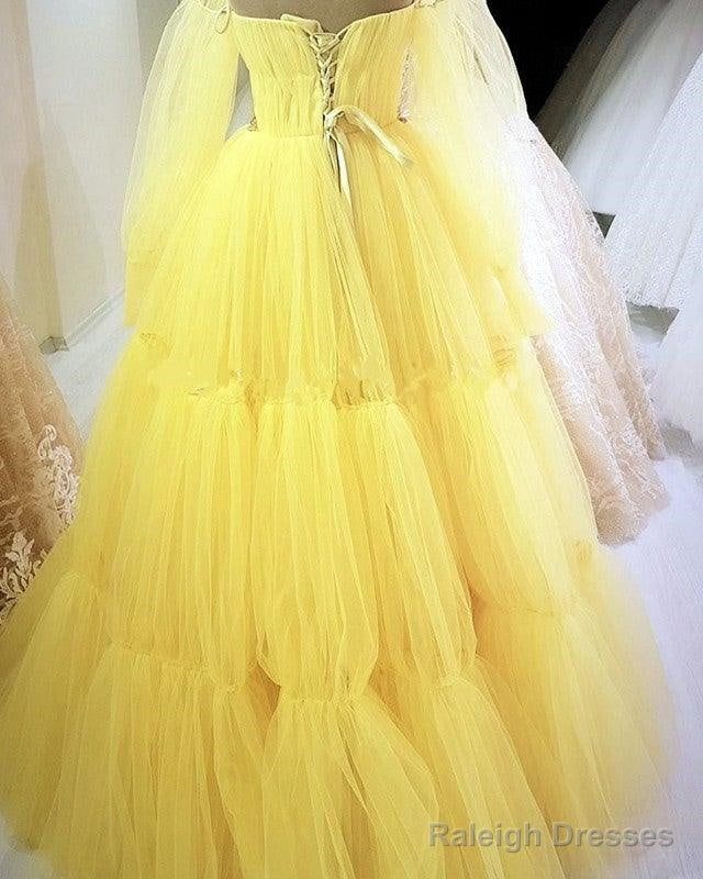 Yellow Princess Prom Dresses Strapless Ball Gown With Sleeves