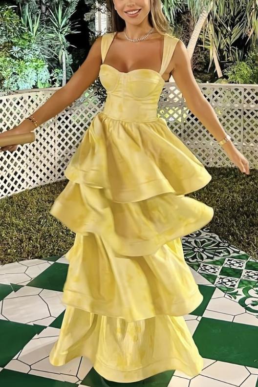 Yellow Printing A-Line Tiered Sleeveless Long Prom Dresses Secondary image