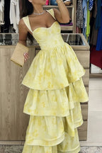 Yellow Printing A-Line Tiered Sleeveless Long Prom Dresses