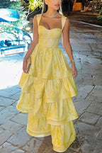Yellow Printing A-Line Tiered Sleeveless Long Prom Dresses