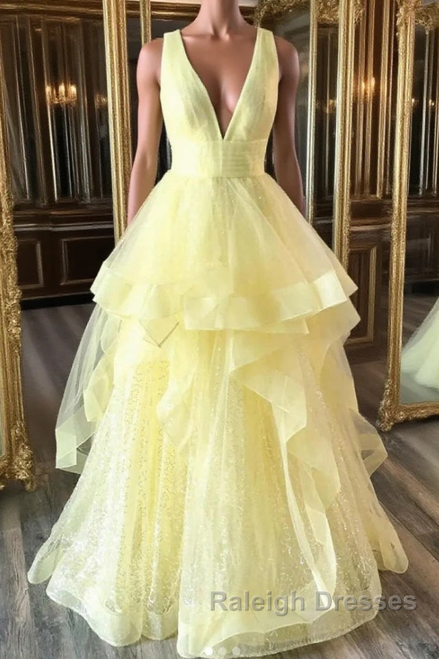 Yellow Prom Dresses A Line Deep V Neck Light Long Prom Dresses with Ruffles Main image
