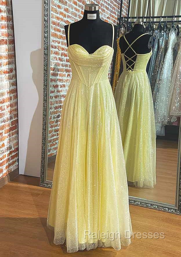 Yellow Prom Dresses, A-line Sweetheart Spaghetti Straps Long/Floor-Length Tulle Prom Dress With Pleated Glitter Secondary image