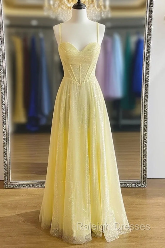 Yellow Prom Dresses, A-line Sweetheart Spaghetti Straps Long/Floor-Length Tulle Prom Dress With Pleated Glitter