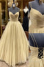 Yellow Prom Dresses, V Neck Sleeveless Long/Floor-Length Tulle Ball Gown With Pleated Sequins