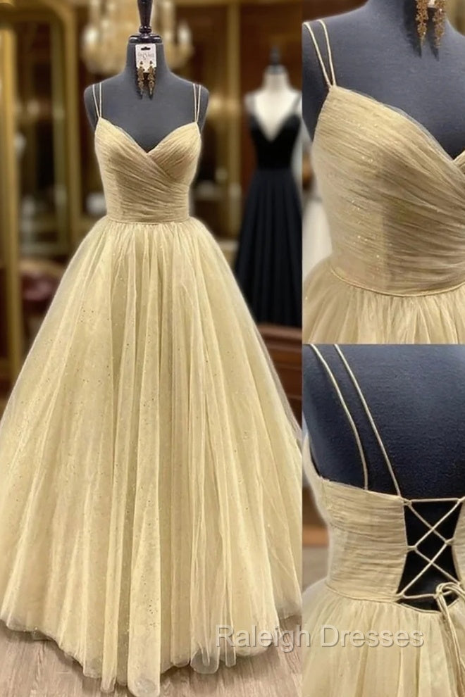 Yellow Prom Dresses, V Neck Sleeveless Long Dress Floor Length Tulle Ball Gowns With Pleated Sequins