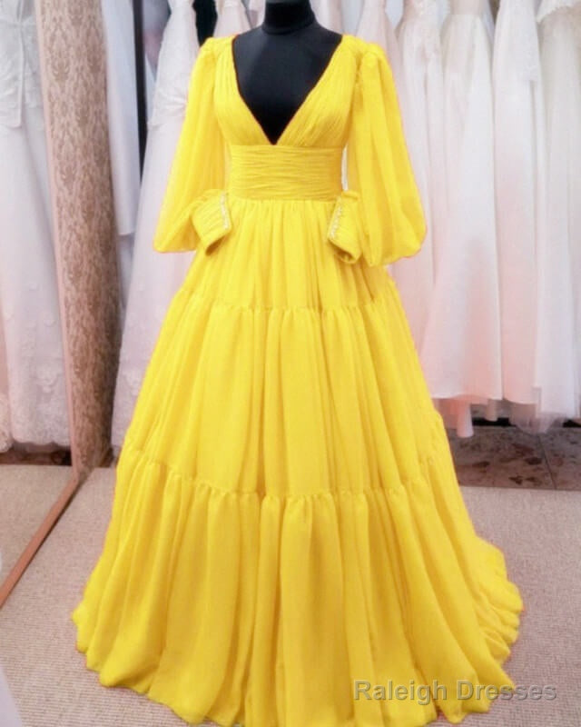Yellow Puffy Sleeves Ball Gown Tulle Prom Dresses Main image