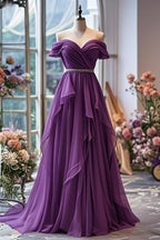 Yellow/Purple A-Line Off-Shoulder Chiffon Prom Dresses Long Prom Gowns
