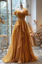 Yellow/Purple A-Line Off-Shoulder Chiffon Prom Dresses Long Prom Gowns
