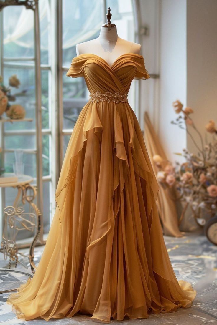 Yellow/Purple A-Line Off-Shoulder Chiffon Prom Dresses Long Prom Gowns