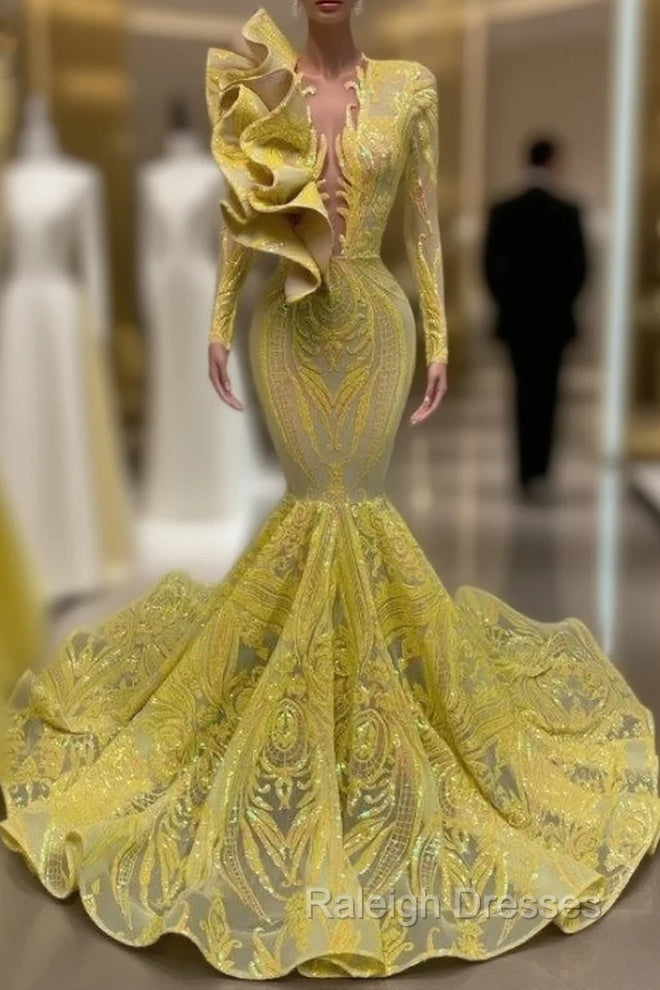 Yellow Robe De Soiree Mermaid Long Sleeves Appliques Sequins Long Prom Dresses Prom Gowns Prom Dresses Main image