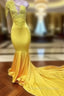 Yellow Robe De Soiree Mermaid One-Shoulder Long Sleeves Lace Beaded Prom Dress Long Prom Gown Prom Dress