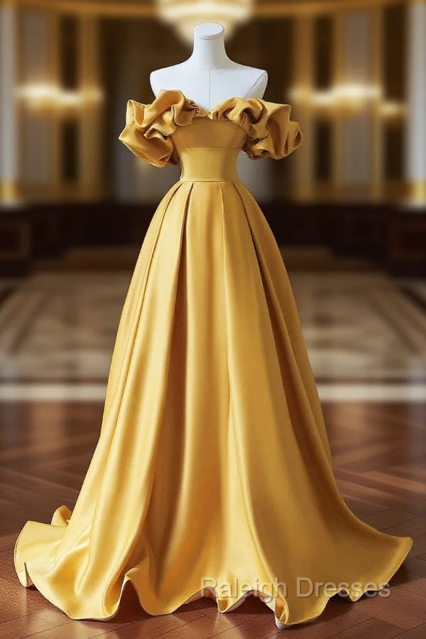 Yellow Saitn Long Prom Dress, Off Shoulder Evening Party Dress Main image