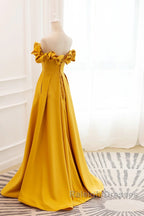 Yellow Satin A-Line Sweetheart Off Shoulder Party Dress, Yellow Long Prom Dress