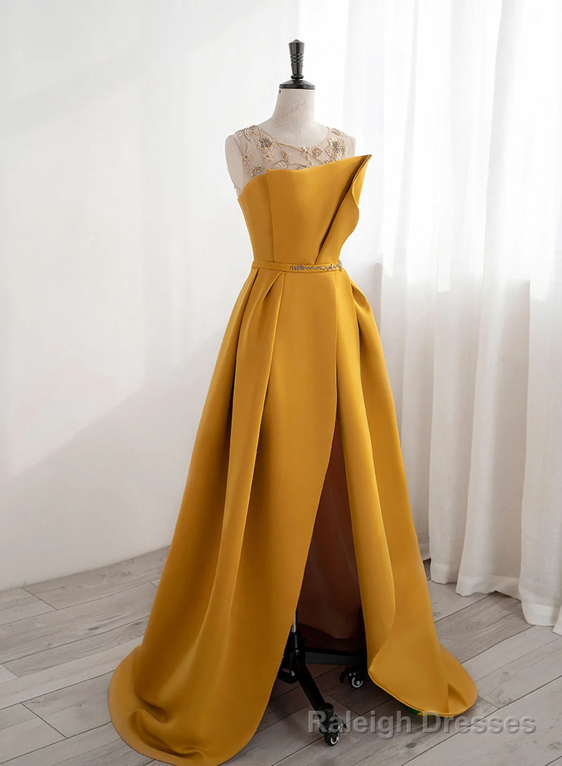 Yellow Satin Beaded Long Prom Dress with Leg Slit, Yellow A-line Party Dress