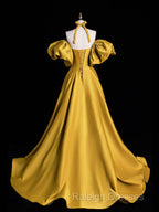 Yellow Satin Long Prom Dress, Off The Shoulder A-Line Evening Party Dress
