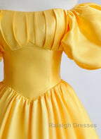 Yellow Satin Short Sleeves Party Dress, Yellow Satin Prom Dress Formal Dress