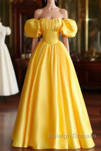 Yellow Satin Short Sleeves Party Dress, Yellow Satin Prom Dress Formal Dress
