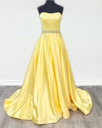Yellow Satin Strapless Ball Gown Dresses Beaded Sashes