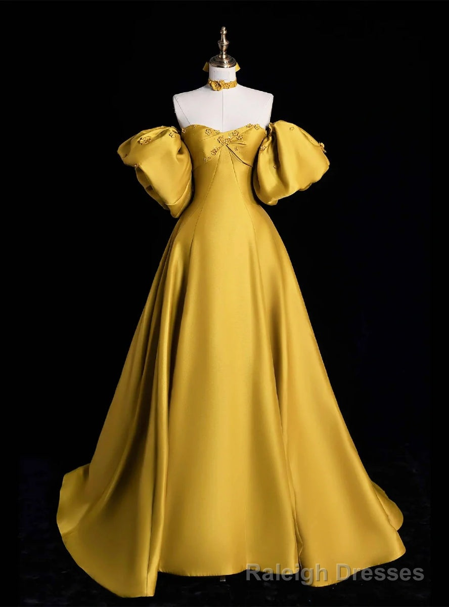 Yellow Satin Strapless Puff Sleeve Flower Prom Dress Main image