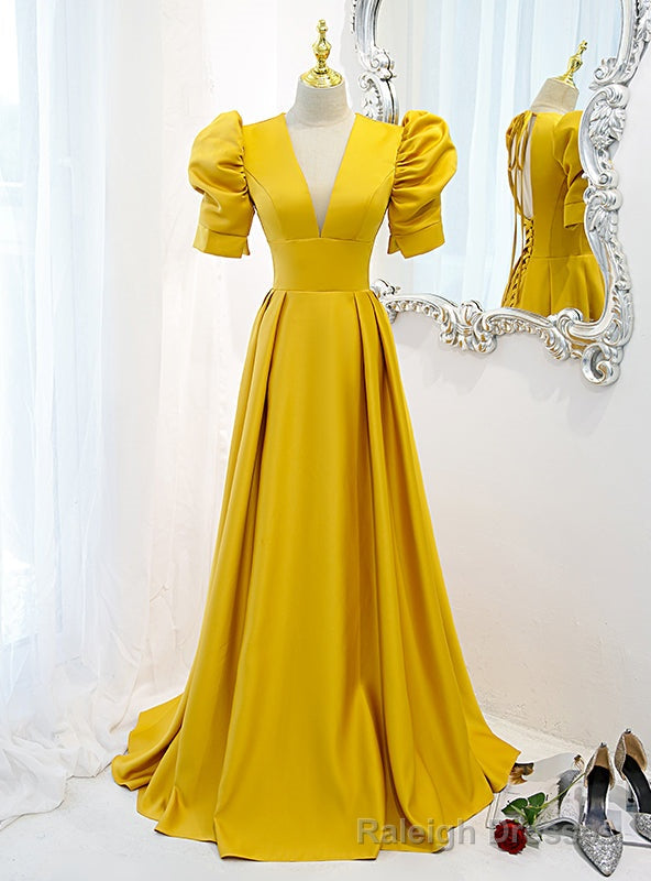 Yellow Satin V Neck Backless Short Sleeve Prom Dress