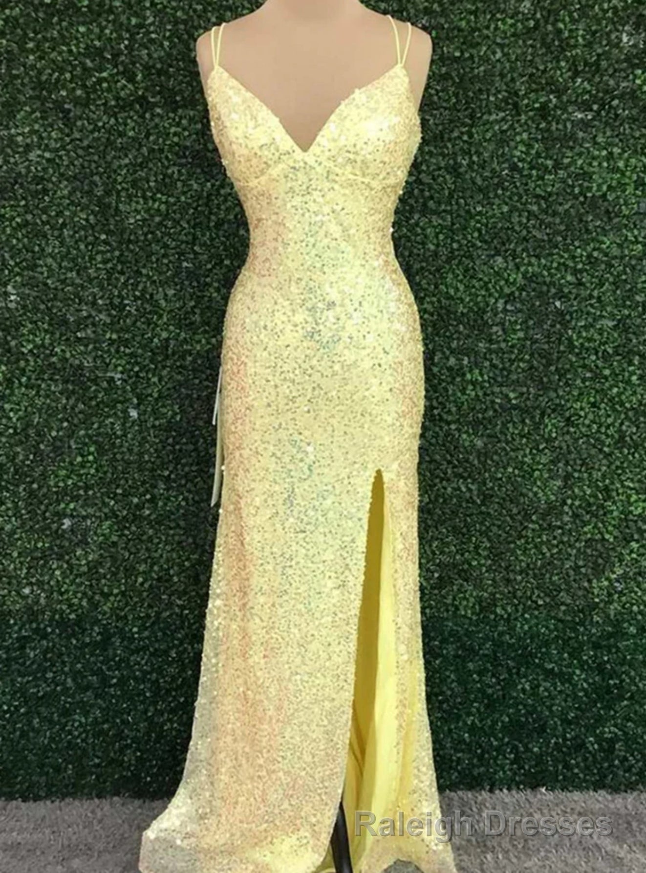 Yellow Sequins Spaghetti Straps Split Prom Dress Main image