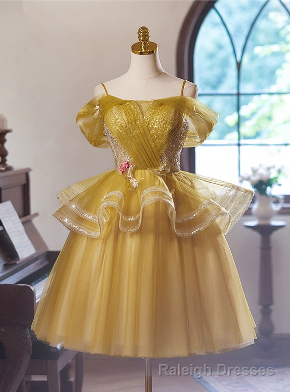 Yellow Sequins Tulle Spahghetti Straps Homecoming Dress Main image