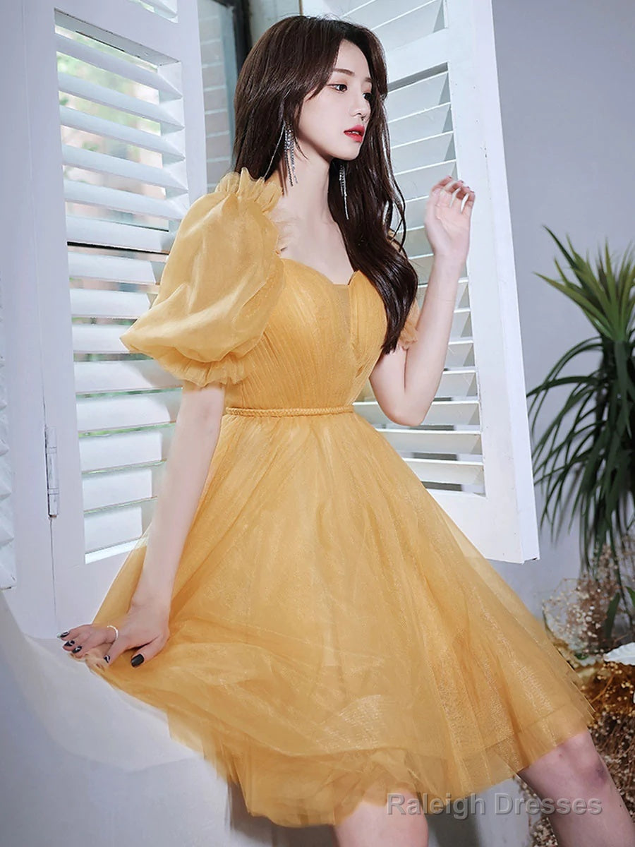Yellow Short Sleeves Tulle Prom Dresses Yellow Homecoming Dresses Secondary image