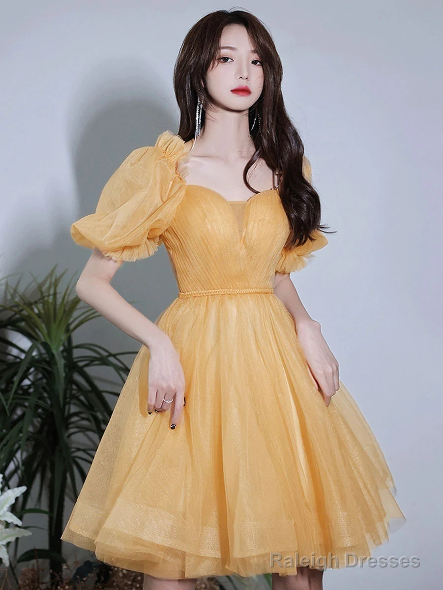 Yellow Short Sleeves Tulle Prom Dresses Yellow Homecoming Dresses