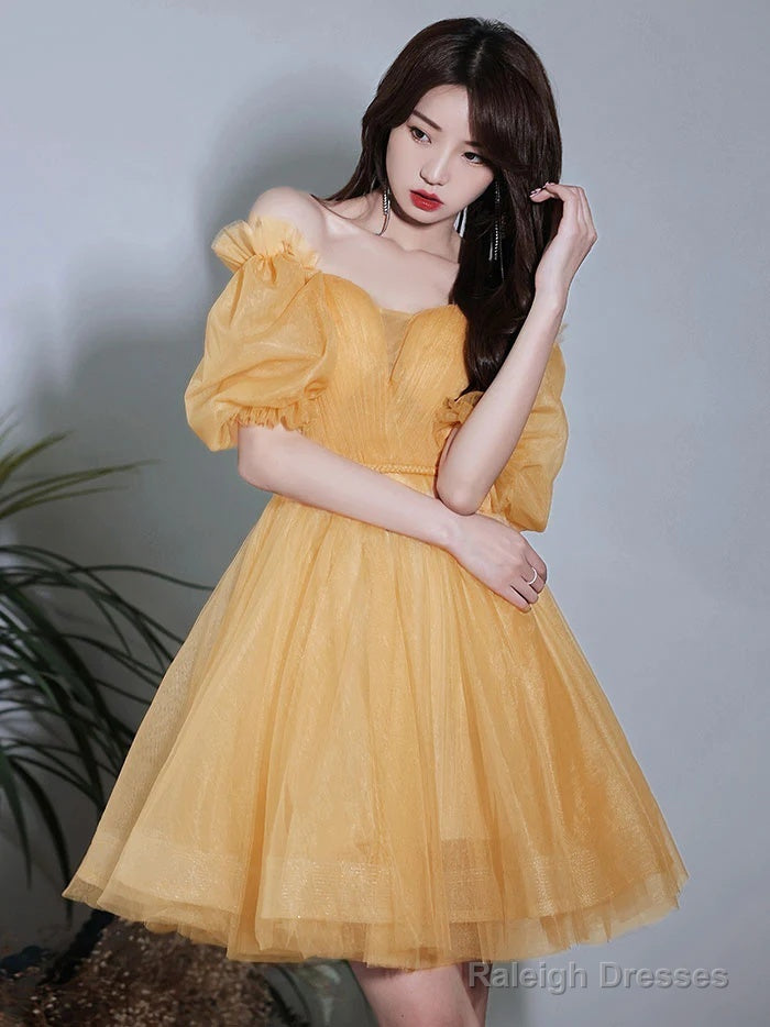Yellow Short Sleeves Tulle Prom Dress, Yellow Homecoming Dress Main image