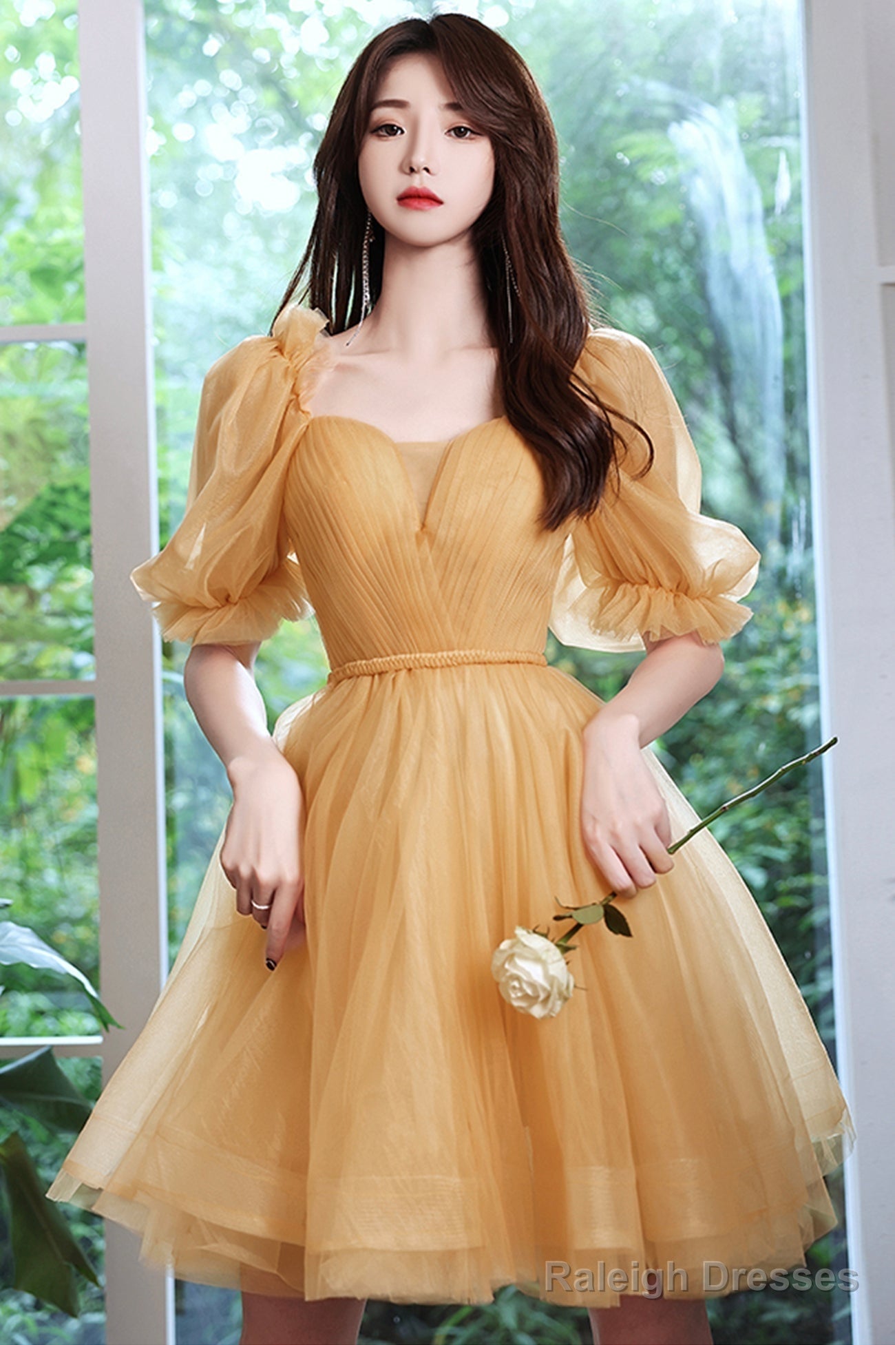 Yellow Short Tulle Party Dress, A-Line Off The Shoulder Homecoming Dress Main image