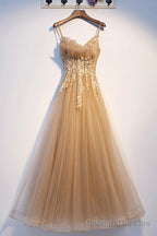 Yellow Spaghetti Straps Lace Long Prom Dress, A Line Prom Prom Dress
