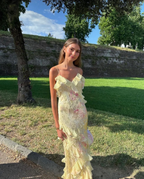 Yellow Spaghetti Straps Ruffle Prom Dresses Long With Ruffles