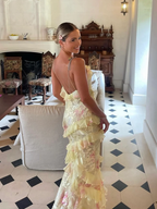 Yellow Spaghetti Straps Ruffle Prom Dresses Long With Ruffles