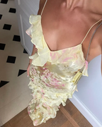 Yellow Spaghetti Straps Ruffle Prom Dresses Long With Ruffles