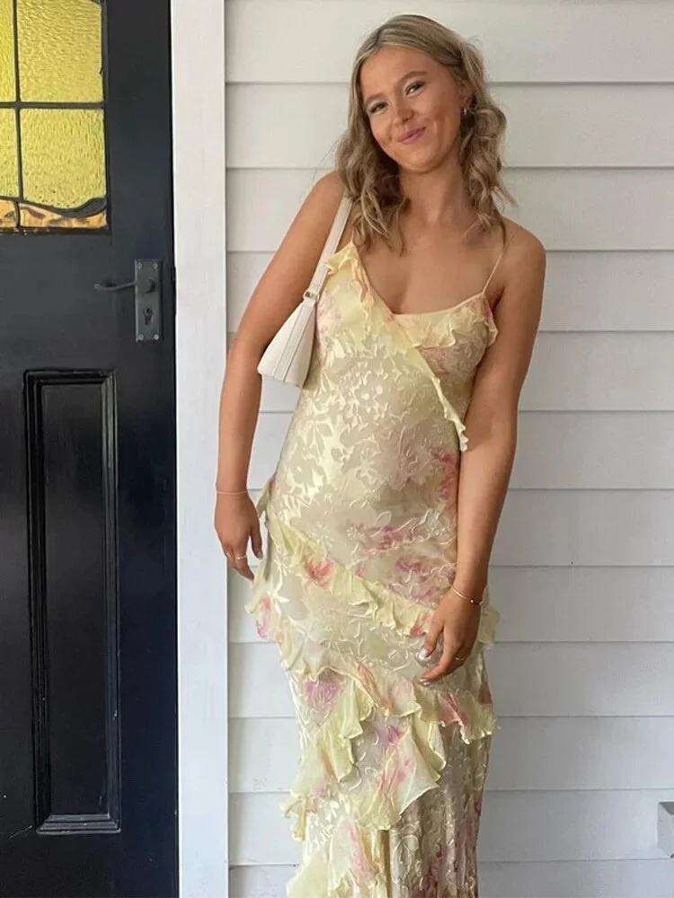 Yellow Spaghetti Straps Ruffle Prom Dresses Long With Ruffles
