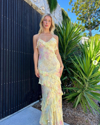 Yellow Spaghetti Straps Ruffle Prom Dresses Long With Ruffles