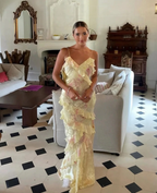 Yellow Spaghetti Straps Ruffle Prom Dresses Long With Ruffles