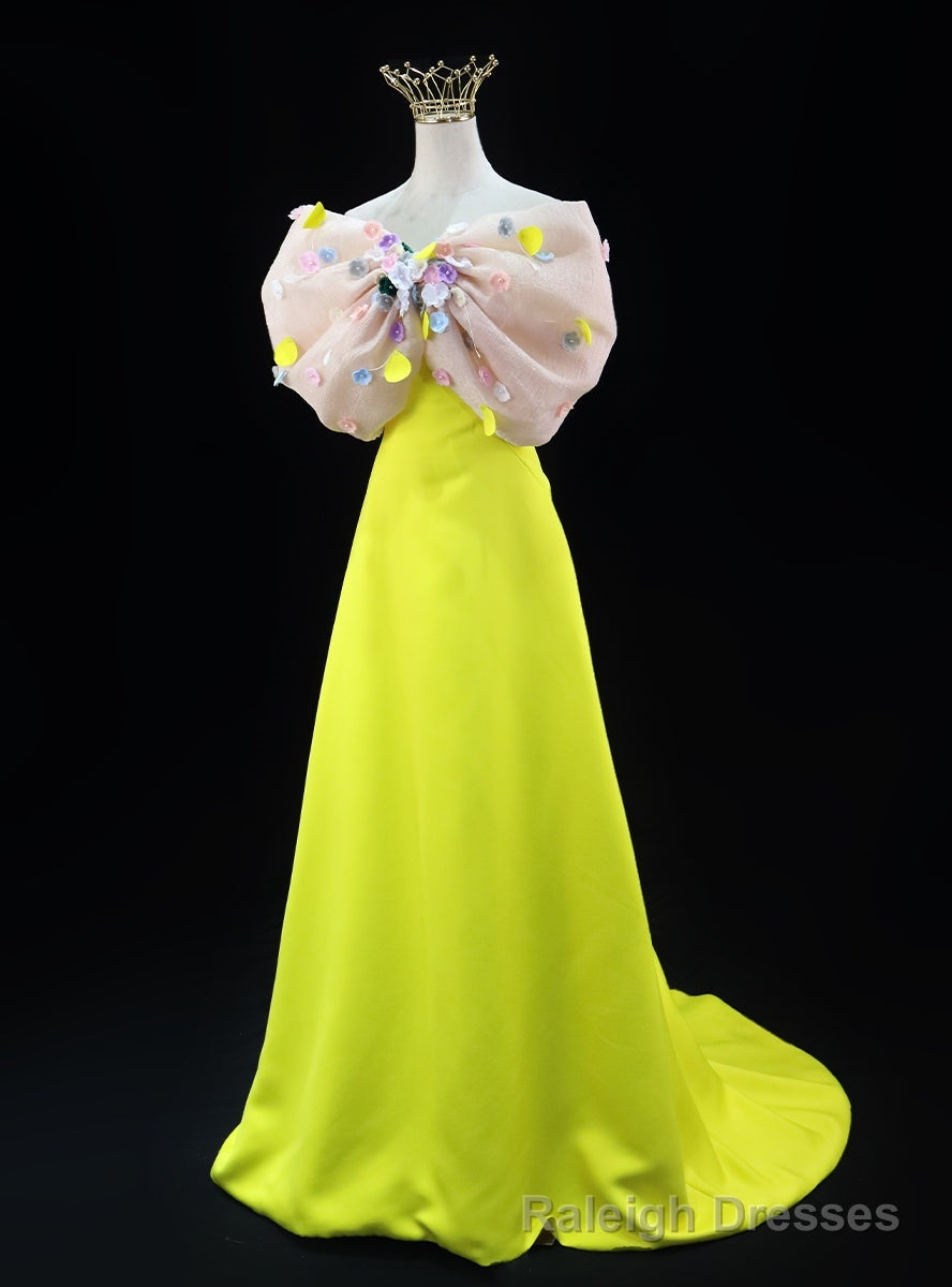 Yellow Strapless Bow Flower Prom Dress Main image