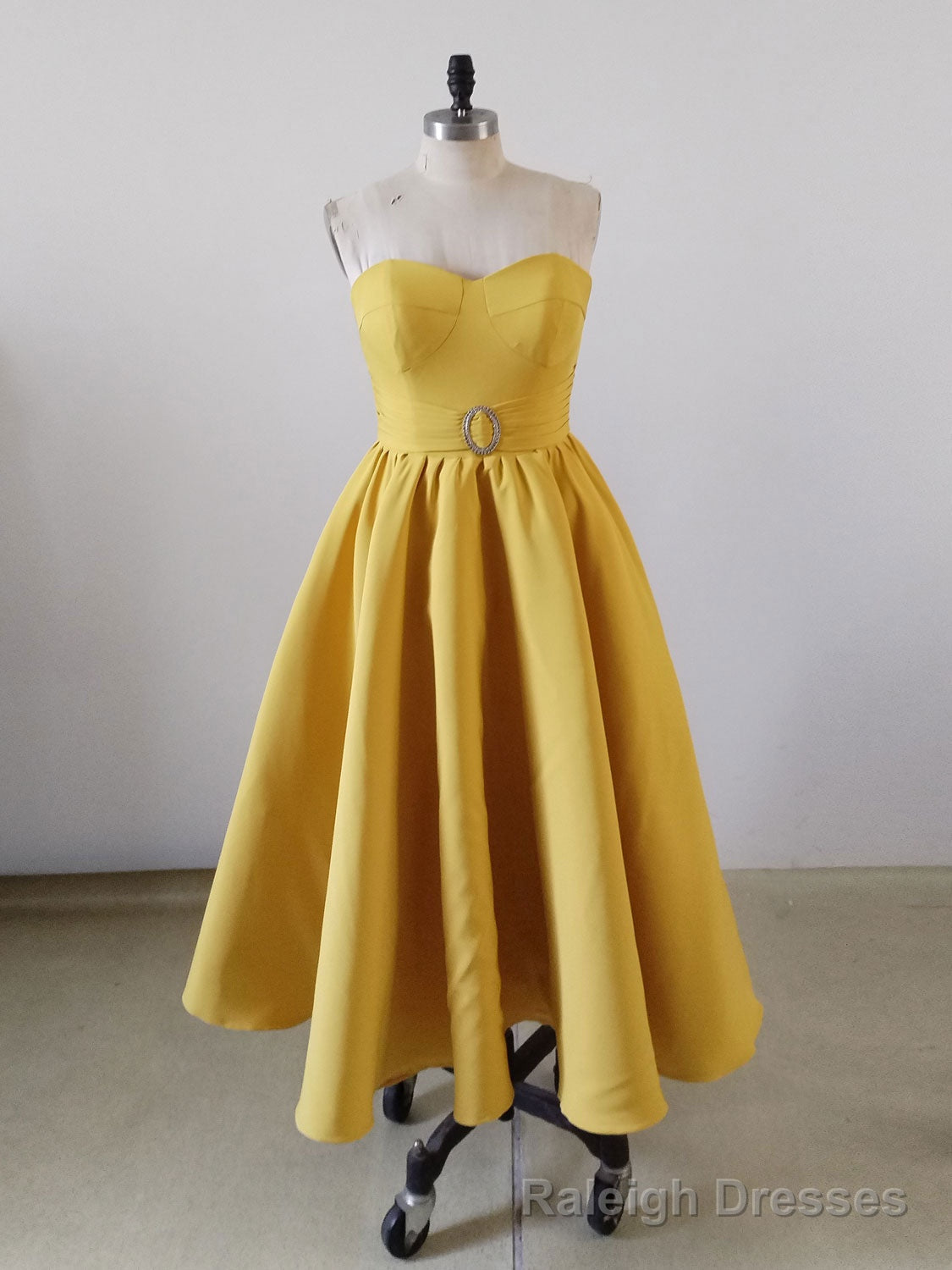 Yellow Sweetheart Neck Satin Tea Length Prom Dress, Yellow Formal Dress Main image