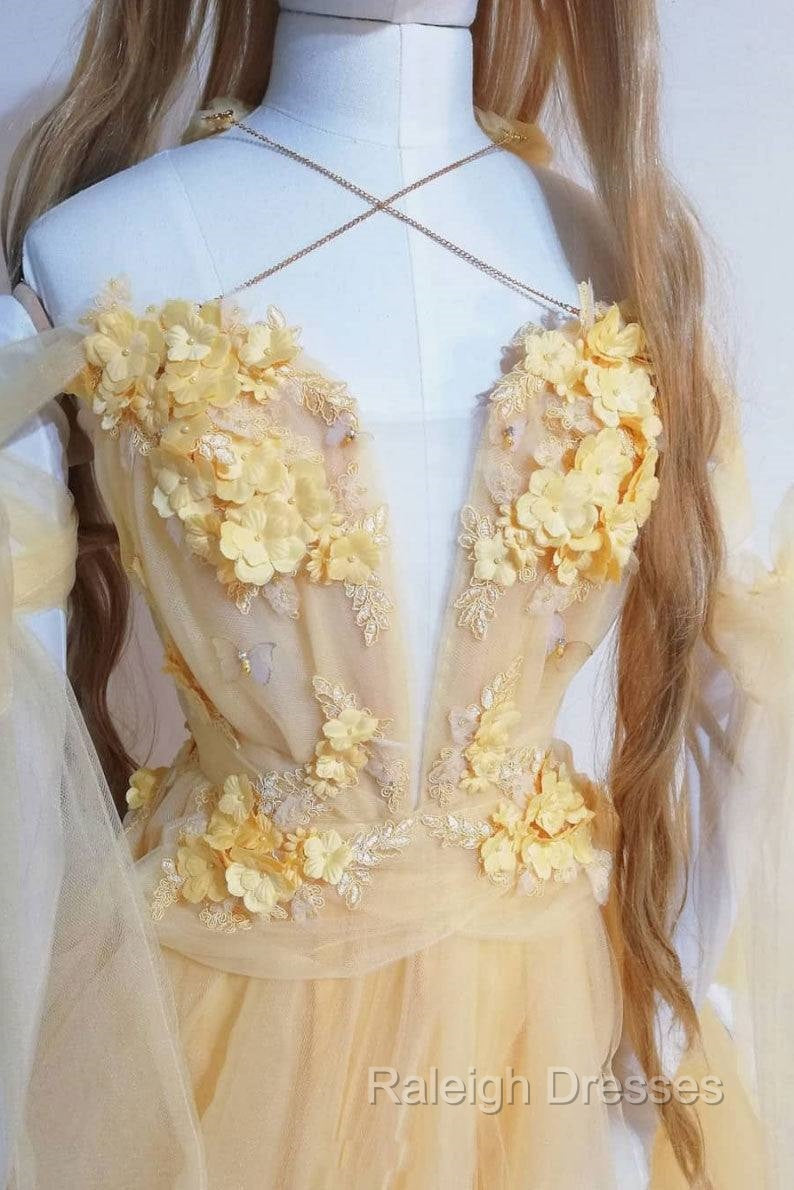 Yellow Sweetheart Tulle Lace Long Prom Dress Yellow Formal Dress