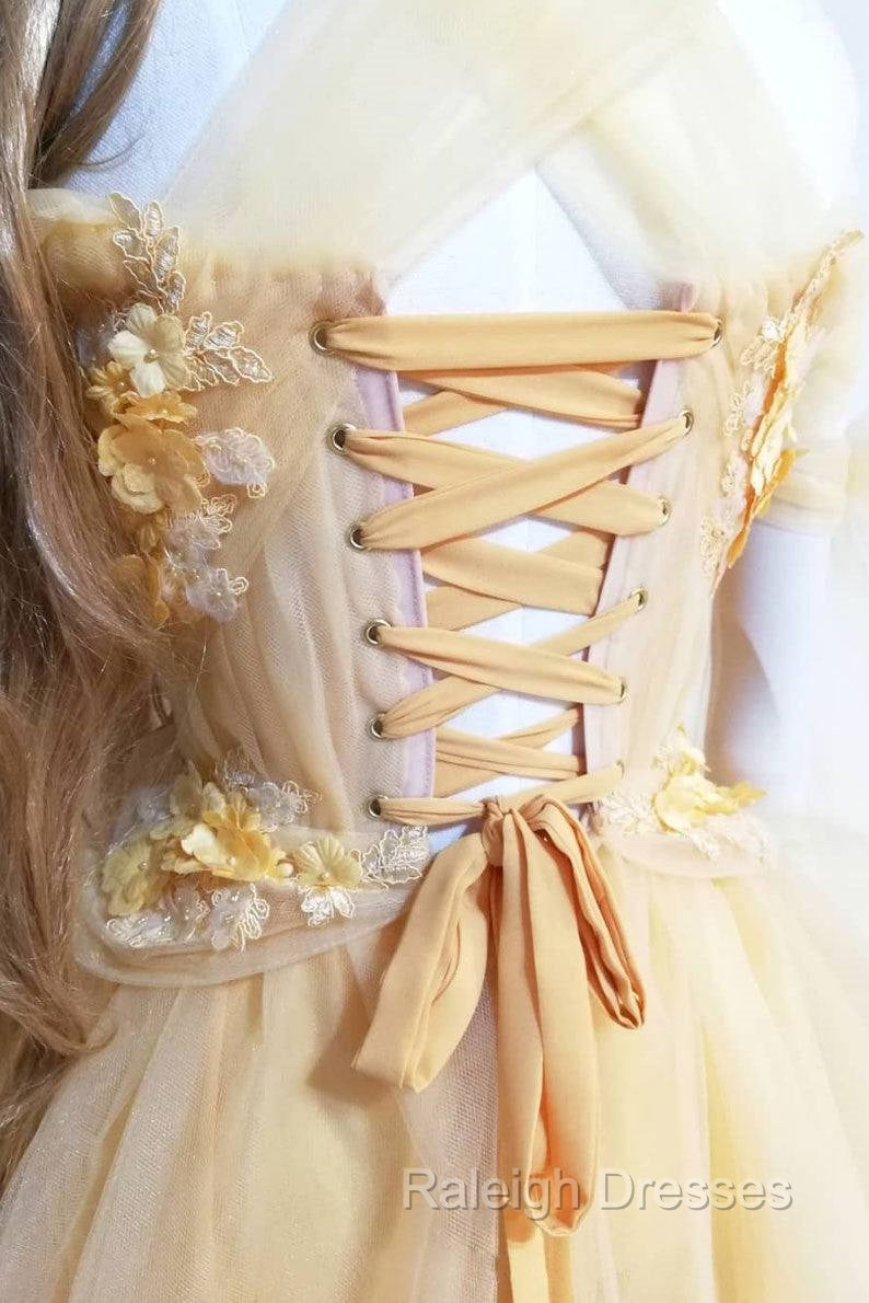 Yellow Sweetheart Tulle Lace Long Prom Dress Yellow Formal Dress