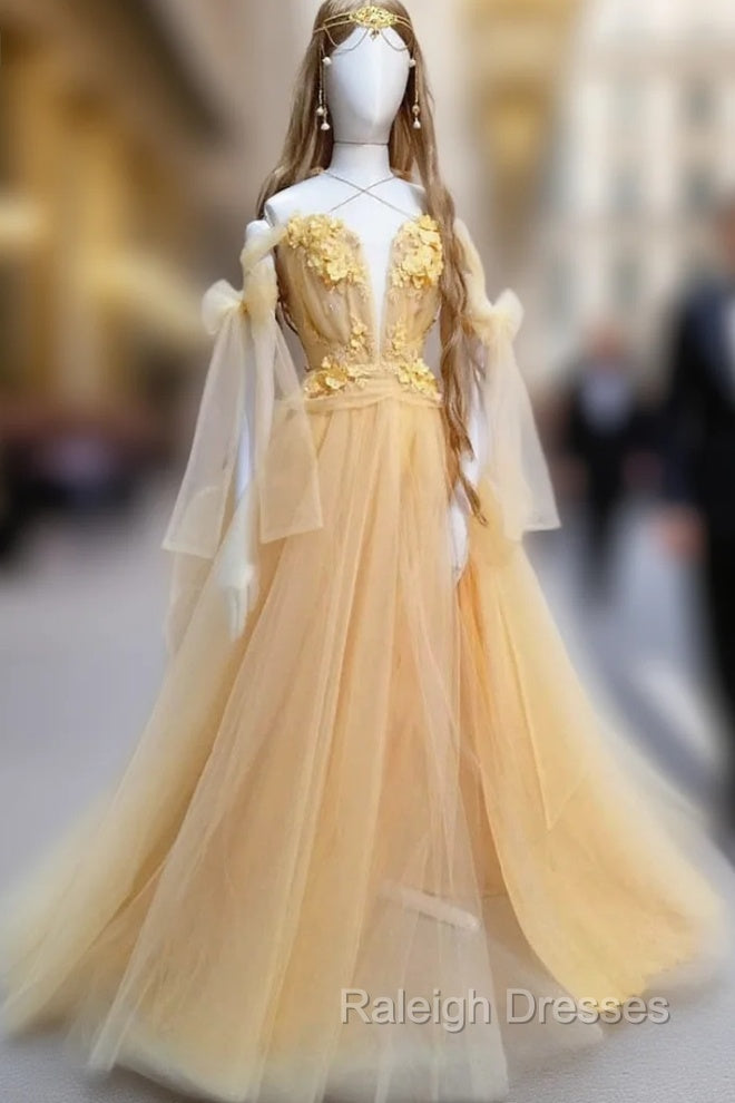 Yellow Sweetheart Tulle Lace Long Prom Dress Yellow Formal Dress Main image