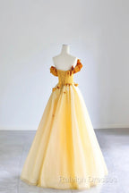 Yellow Tulle Applique Long Prom Dress, Off The Shoulder Sleeveless Backless Long Formal Evening Dress