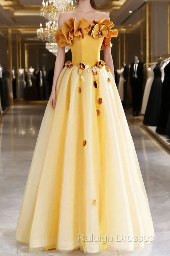Yellow Tulle Applique Long Prom Dress, Off The Shoulder Sleeveless Backless Long Formal Evening Dress Main image