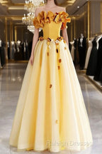 Yellow Tulle Applique Long Prom Dress, Off The Shoulder Sleeveless Backless Long Formal Evening Dress