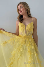 Yellow Tulle Appliques Lace-Up A Line Long Prom Dress