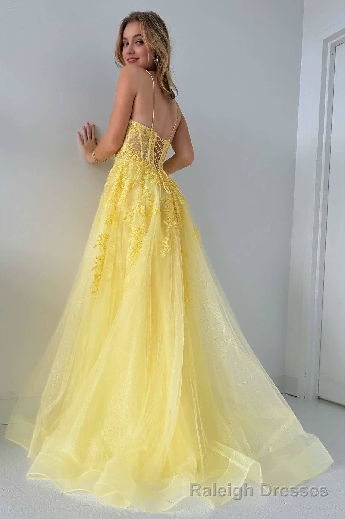 Yellow Tulle Appliques Lace-Up A Line Long Prom Dress