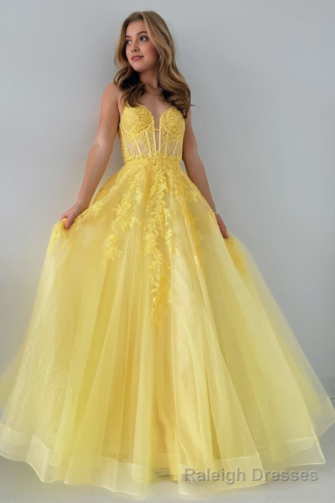 Yellow Tulle Appliques Lace-Up A Line Long Prom Dress Main image